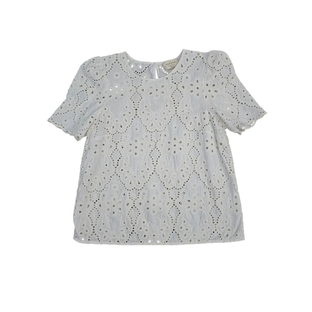 Sezane Anabelle White Eyelet blouse Ivory short Sleeve top cottagecore 38/6/Med - Picture 3 of 9